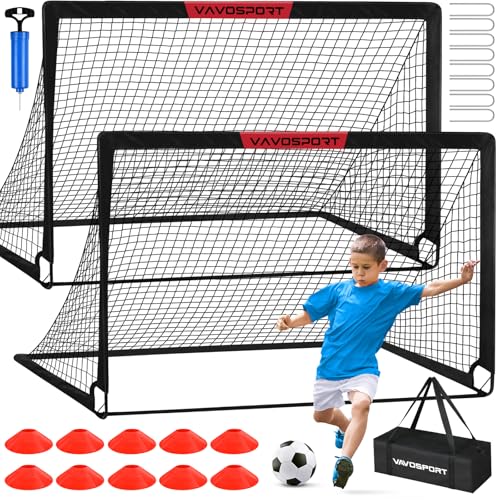 VAVOSPORT Soccer Goal, 2 of 6'x4' Kids Soccer Goals for Backyard Set, Portable Pop Up Soccer Net, Practice Soccer Training Equipment with Ball, Cones for Toddler,Youth Sports Outdoor Games Yard Play - color: Black