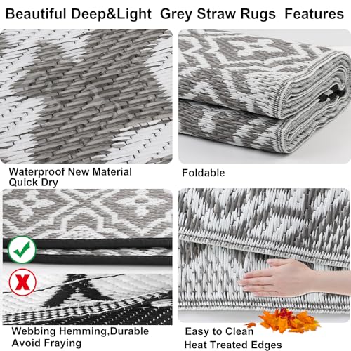 Alfolo Outdoor Rug for Patios Clearance 4X6 Waterproof Reversible Plastic Straw Rug RV Camping Mat Outside Area Rug Carpet for Camping RV,Porch,Deck,Balcony,Camper,Backyard - color: Grey&white, size: 4' x 6' (Rectangular)