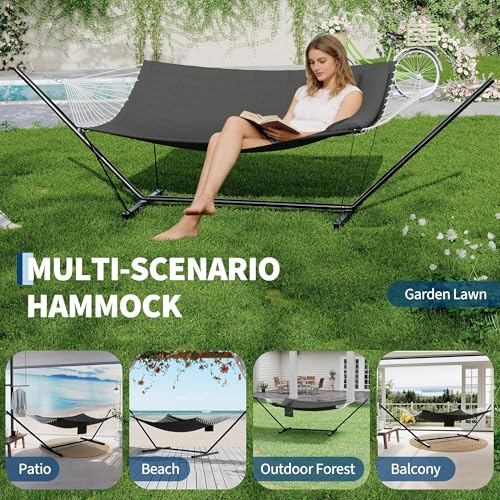 2 Person Double Hammock with Stand & Pillow, 450 LBS Heavy Duty Outdoor Hammock with Balance Rope for Patio Backyard Poolside