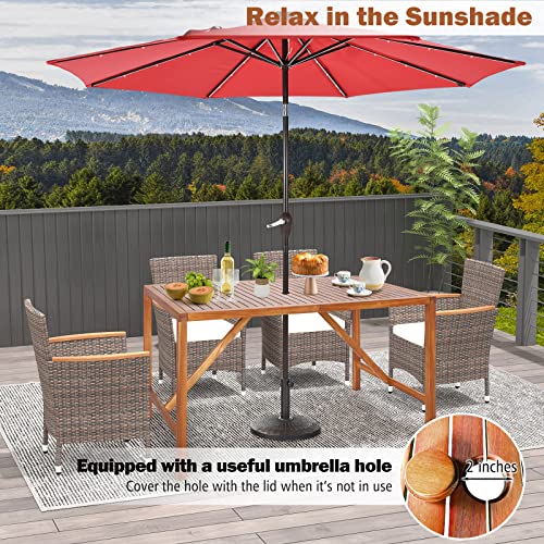 Tangkula 67" Acacia Wood Outdoor Dining Table for 6, Rectangle 6-Person Patio Table with 2" Umbrella Hole & Spacious Slatted Tabletop, Indoor Outdoor Dining Furniture for Deck, Garden, Poolside & Yard - size: 67"