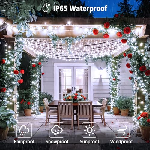 4 Pack Solar String Lights, Total 132Ft 400 LED Solar Powered Twinkle String Lights Waterproof with 8 Lighting Modes Green Wire for Patio Garden Party Yard Wedding Decors (Cool White) - color: Cool White