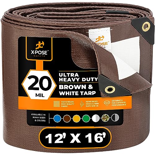 Xpose Safety 12' x 16' Brown/White Ultra Heavy Duty Tarp - 20 Mil Tarps Heavy Duty Waterproof 10x20 - Extra Large Tarp,Waterproof Tarp Cover Rain Camping,Tent Tarp,UV Protection,Reinforced Corners - size: 12' X 16'