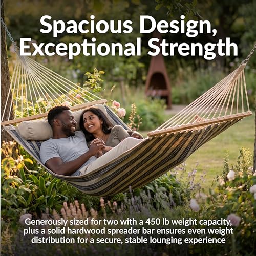 Sunnydaze Quilted Double Hammock for Outside with Spreader Bars and Pillow - 450 lb Capacity, 74x55 Inch Bed, UV Resistant, Quick Dry - Chains Included, Stand Sold Separately - Mountainside - color: Mountainside