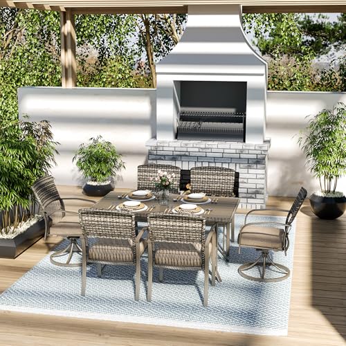 Pamapic 7-Piece Outdoor Dining Set with Table, Patio Furniture Includes 2 Swivel Chairs, 4 Wicker Chairs & Beige Removable Cushions, Weather Resistant Iron Frame for Backyard, Deck, Garden (Beige) - color: Beige