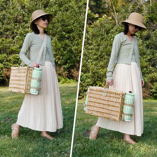 Picnic Basket for 4, Insulated Willow Picnic Baskets with Shoulder Strap, Picnic Hamper with Waterproof Picnic Blanket, Handmade Wicker Hamper for Outdoor Camping, GreenCheck - style: GreenCheck-4P