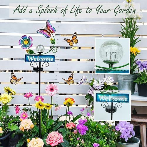 Butterfly Garden Decorations for Outside, Solar Waterproof Stake Lights with Welcome Sign for Yard Lawn Patio Pathway, Warm Gifts for Mom Grandma Housewarming (Butterfly) - style: Butterfly