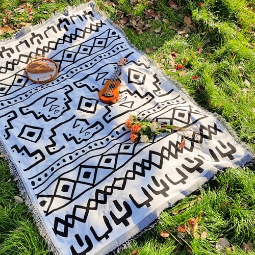 White Picnic Blanket, Extra Large Soft Cotton Gauze Picnic Rug 71"x71", Lightweight Breathable Blanket, Machine Washable for Beach, Camping, Park, Couples (Patterned Whimsy - No Straps) - color: Patterned Whimsy