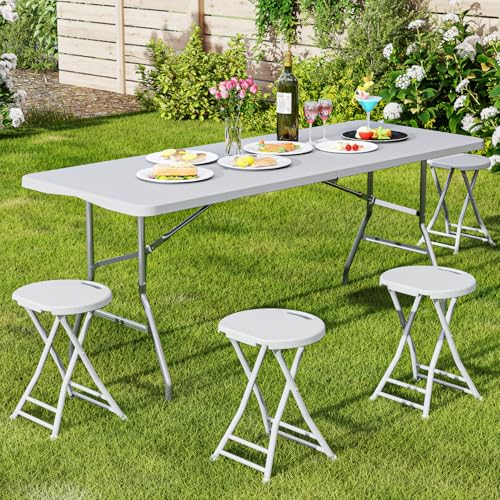 4 Pack Folding Stools with Foldable Table 6ft, Heavy Duty Dining Table and Chairs with Lock Function & Carrying Handle, Portable Indoor/Outdoor Furniture Set for Camping, Picnic, Party White - color: White, size: Pack of 4+6Ft Table