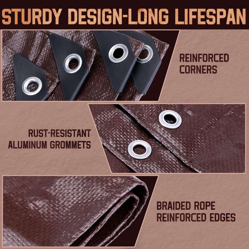 8x8 FT 8 Mil Waterproof Poly Tarp, UV Resistant & Rip Tear Resistant Reversible Protective Cover with Grommets - Perfect for Patio Furniture, Car, Garden Plants, Chicken Coop & Outdoor Storage - color: Brown, size: 8x8