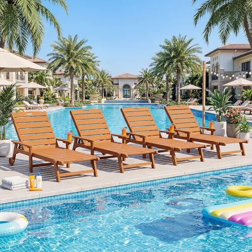 Outdoor Lounge Chair Set of 4 with 5-Position Adjustable, Outside Lounge Chair with Cup Holder, Wheels for Easy Mobility, HDPE Tanning Chair for Poolside, Patio, Brown - color: Brown, size: 4pc