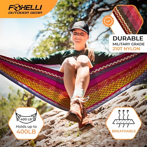 Foxelli Camping Hammock – Ultralight Hammock for Backpacking, Hiking, Festivals, Travel - Easy Setup with Tree-Friendly Ropes & Steel Carabiners, Heavy Duty Parachute Nylon - color: Indian_summer
