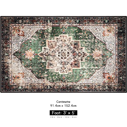 Boho Area Rug 3x5 Green Rug Washable Vintage Rug for Kitchen Living Room Bedroom Bathroom Office Low Pile Non Slip Floor Carpet - color: A#green, size: 3' x 5' (Rectangular)