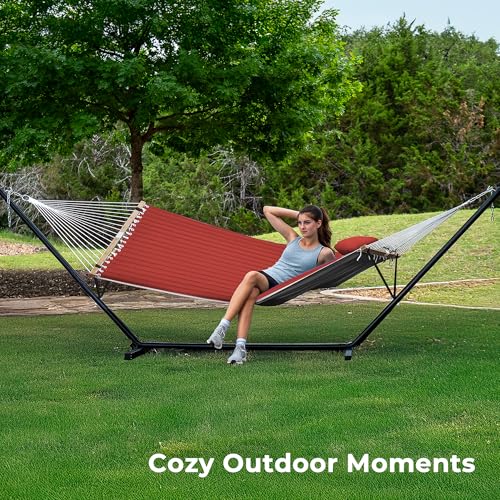 SUPERJARE Hammock with Stand, 2 Person Quilted Outdoor Hammock, Detachable Pillow & Bamboo Spreaders, Portable Hammock with Carrying Bag, Heavy Duty Stand, Perfect for Outside, Patio, Burgundy - color: Burgundy, size: 55.1"W × 74.8''D × 43.3''H