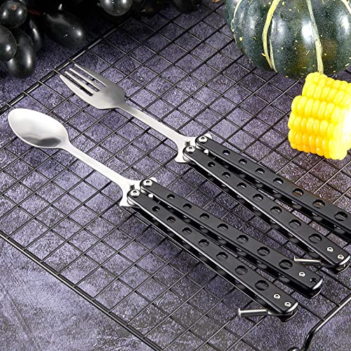 Flutesan 2 Pcs Butterfly Fork and Spoon Set, Tactical Butterfly Spoon Folding Stainless Steel Spork Utensil Set Balisong Trainer for Travel Camping Hunting BBQ Kitchen(Black) - color: Black
