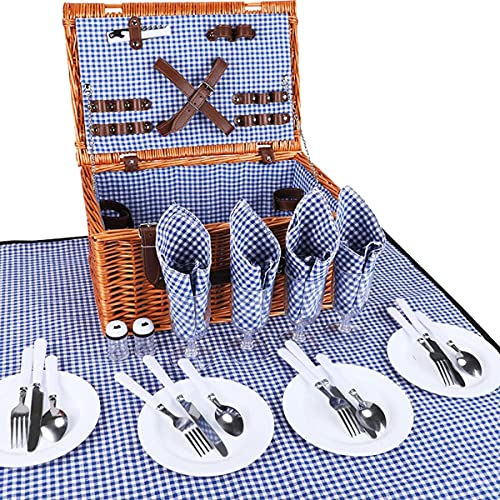 4 Person Wicker Picnic Basket Set, Large Willow Basket with Large Insulated Thermal Compartment, Free Waterproof Blanket & Cutlery Kit