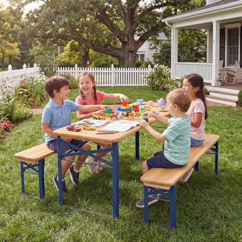 Costzon Kids Picnic Table, 43.5 Inch Folding Picnic Table with 2 Benches, Fir Wood Top & Metal Frame, No Assembly 3-Piece Portable Kids Indoor/Outdoor Furniture for Patio Backyard Daycare (Navy Blue) - color: Navy Blue