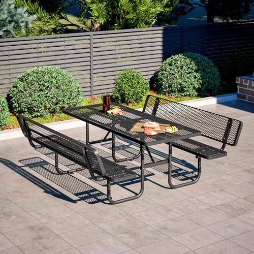 72" Rectangular Metal Picnic Tables for Outdoors with Backrest Seats Umbrella Hole - Coated Steel Heavy Duty Commercial Grade Table, Patio Rectangular Furniture Set for a Lifetime, Black - color: Black-backrest