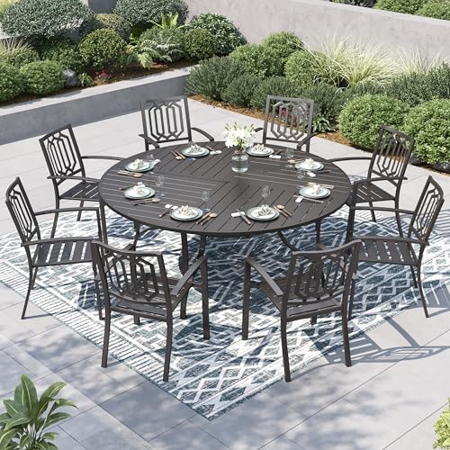 PHI VILLA 9 Pieces Outdoor Dining Set for 8, 67" Black Round Metal Table with Umbrella Hole & Stackable Wrought Iron Chairs, Large Outside Furniture Set for Patio, Deck, Yard, Porch - color: Hexagon Back Chair, size: 9PCS-67" Round Table