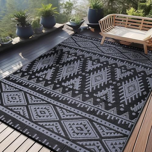 OLANLY Outdoor Rug Waterproof 10x14 ft, Reversible Outdoor Plastic Straw Rug, Boho Patio Rug, Indoor Outdoor Carpet, RV Mat Outside for Patio, Camp, Picnic, Balcony, Deck, Backyard, Black & Grey - color: Black & Grey, size: 10' X 14' (Rectangular)