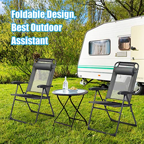 Giantex Set of 2 Patio Dining Chairs, Folding Lounge Chairs with 7 Level Adjustable Backrest, Headrest, 300 Lbs Capacity, Outdoor Portable Chairs with Metal Frame (2, Gray) - color: Grey