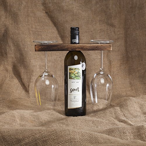 GoCraft Handmade Antique Wood Wine Bottle & Glass Holder – Rustic Countertop Stand for 1 Bottle & 2 Glasses – Vintage Wine Caddy for Home Bar, Kitchen, and Dining Room Décor