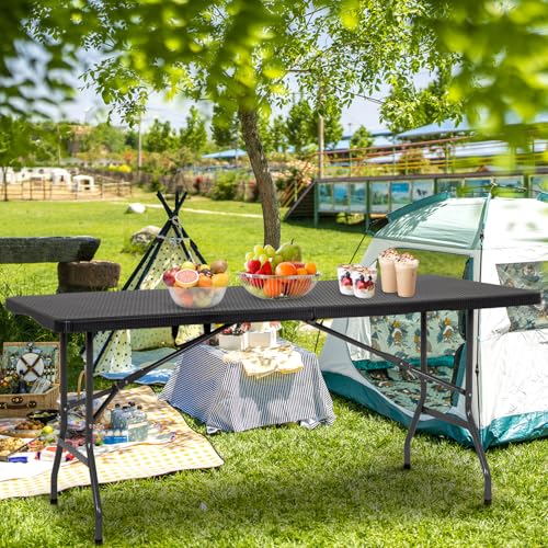 BestOffice Outdoor Folding Camping Table Plastic Table Portable Square Height Dining Table Perfect for Picnics,Parties,Party and Camping,Black Ratten - color: Black Ratten, size: 6 FT
