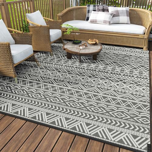 MontVoo Outdoor Rug 8x10 Waterproof Outdoor Patio Rug Mat Reverisble Plastic Straw Outdoor Rug for RV Camping Picnic Beach Balcony Boho Grey - color: Grey, size: 8' x 10' (Rectangular)