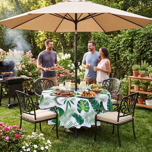 Poise3EHome Round Outdoor Tablecloth with Umbrella Hole and Zipper,Palm Leaf 70 Inch,Polyester SpillProof Washable Table Cloth for Spring Summer Patio Garden Poolside Picnic Camping BBQS - color: Palm Leaf, size: 70" (Round)