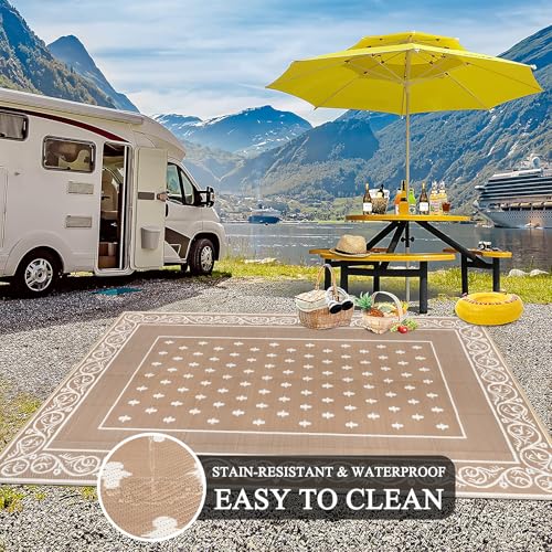 Pauwer Waterproof Outdoor Rug 6x9, Reversible Plastic Straw Patio Camping Rug, Indoor Outdoor RV Mat Carpet for Deck, Camper, Porch, Balcony, Backyard, Picnic, Bordered Beige - color: Bordered Beige, size: 6' x 9' (Rectangular)