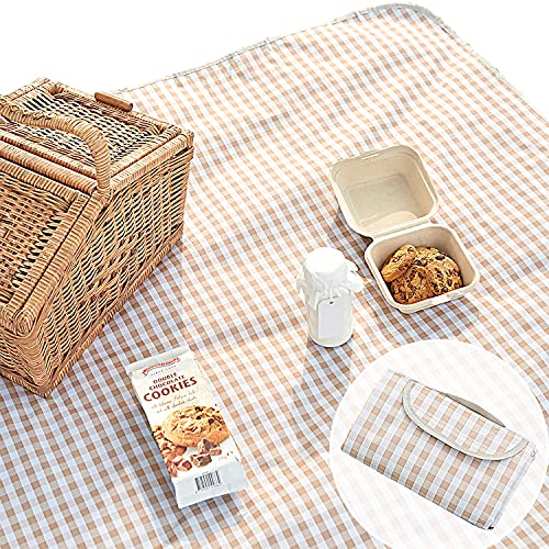 ESLA Cute Gingham Picnic Blanket, Waterproof Foldable, in Large 80x60in and Extra Large 80x80in, Portable Compact Beach Blanket, Oversized XL Outdoor Mat, Tan Gingham - color: Tan, size: Large