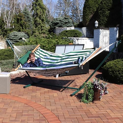 Sunnydaze Rope Hammock with Stand for Outside - Heavy Duty Freestanding Portable Outdoor Hammock Set with Quilted Pad, Pillow, and 12-Foot Steel Frame - 275 lb Capacity - Green & White Stripe - color: Green and White Stripe