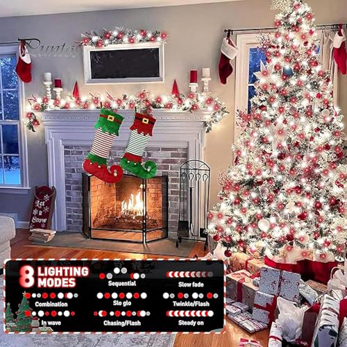 QITONG 4 Pack Solar Fairy Lights, Each 33ft 100 LED Red and White Christmas String Light Outdoor Waterproof, 8 Modes Silver Wire Twinkle Mini Lights - color: Red/White, size: 4Pack*100LED