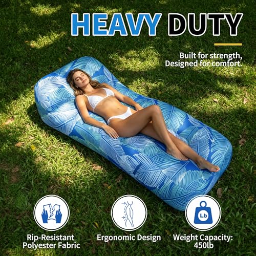 Inflatable Couch,Air Sofa with Sun-Shade Design,Built-in Storage,Ripstop Polyester&Stability Pegs,Portable Air Lounger for Beach,Camping,Easy to Carry,2Inflation Ways(Included Pump)Blue Feather - color: Blue Feather