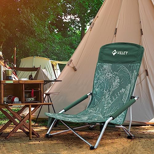 VILLEY Low Beach Chair, High Back Folding Adult Chair, Lightweight & Portable for Outdoor, Beach, Camping, Lawn, Music Festival, with Cup Holder & Carry Bag - Vintage Green Leaves - color: Vintage Green Leaves