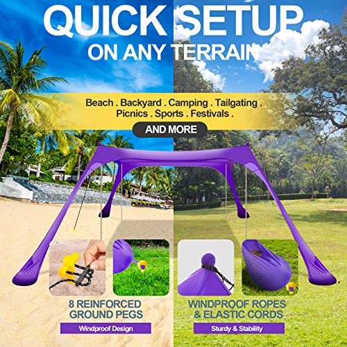 Buheco Beach Tent Pop Up Shade 7x7.5ft Beach Canopy Sun Shelter UPF50+ with 4 Foldable Poles Portable Carrying Bag Sand Shovel Ground Pegs Windproof Ropes for Outdoor Family Camping Fishing Picnic - color: Purple, size: 7x7.5FT 4 Pole