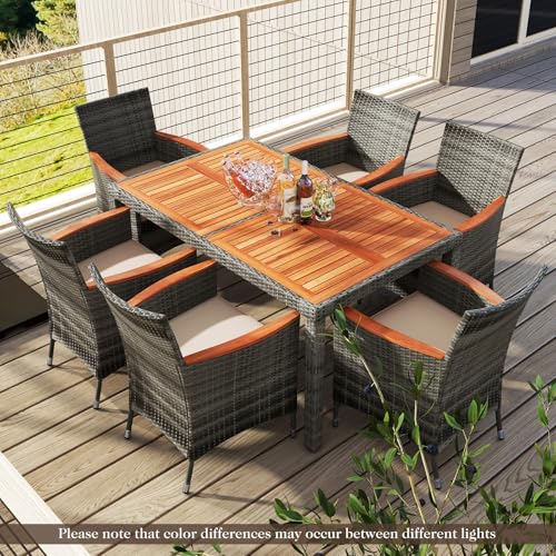 HAPPYGRILL 7 Piece Patio Rattan Dining Set Outdoor Wicker Chair & Table Set, Acacia Wood Tabletop & Armrests, Seat Cushions Included, Space-Saving Dining Set for Poolside Backyard Garden - color: Mix Grey & Beige