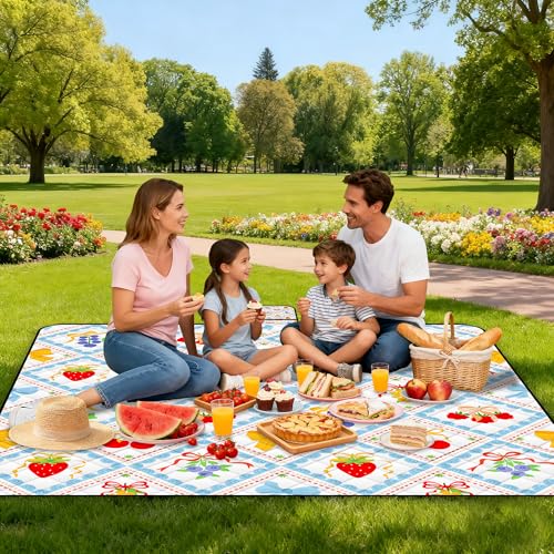 Extra Large Picnic Blanket Waterproof,80"x 80"Foldable Machine Washable Beach Blanket,Outdoor Blanket for 6-8 Adults,Suitable for Indoor Crawling,Park Beach,Camping,Hiking,Family Travel(Fruit) - color: Blue Fruit, size: 6'8" x 6'8" (Square)