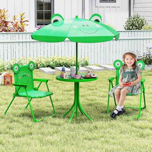 KOTEK Kids Picnic Table with Umbrella, Outdoor Table & 2 Folding Chairs, Cute Pattern Children’s Patio Furniture, Portable Kids Table and Chair Set for Backyard, Garden, Beach (Green) - color: Green Frog
