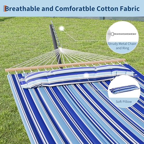 GarveeLife 57" 2 Person Outdoor Hammock, Widening Design Cotton Hammock with Metal Stand, Heavy Duty Construction, 450 LBS Weight Capacity, Blue - color: Blue