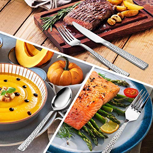 E-far Hammered Silverware Set, 40-Piece Stainless Steel Square Flatware Set for 8, Metal Tableware Cutlery Set Includes Dinner Knives/Forks/Spoons, Modern Design & Mirror Polished - Dishwasher Safe - size: 40-Piece for 8