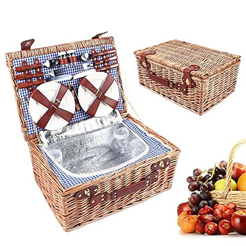 4 Person Picnic Basket, 19 Set Vintage Wicker Basket Picnic Ware Set for 4 Willow Hamper Ware Set