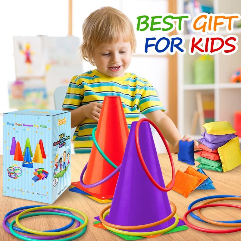 Eocolz 3 in 1 Carnival Games Set, Soft Plastic Cones Bean Bags Ring Toss Games for Kids Birthday Party Outdoor Games Supplies Combo Set - color: purple