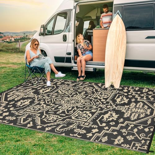 GarveeHome 9x12 Outdoor Rugs Vintage Medal Reversible Plastic Straw Rug UV Resistant Non Shedding Camping Carpet Fold Portable Outside Carpet Mat for RV Porch Backyard Balcony Pool Side, Black Brown - color: Vintage | Black Brown, size: 9' x 12' (Rectangu