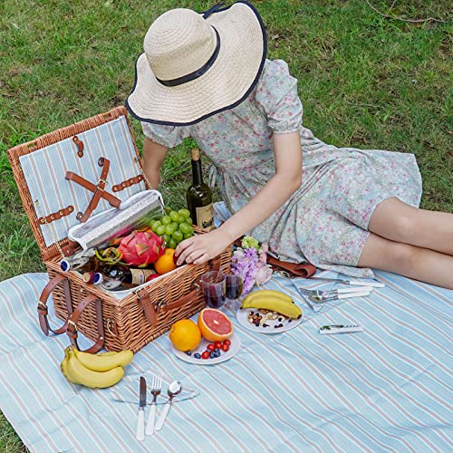 Picnic Cooler Basket Set for 2 Persons with Large Waterproof Picnic Blanket, Cutlery Service Kit and Adjustable Strap - color: Honey Color for 2 Persons With Strap