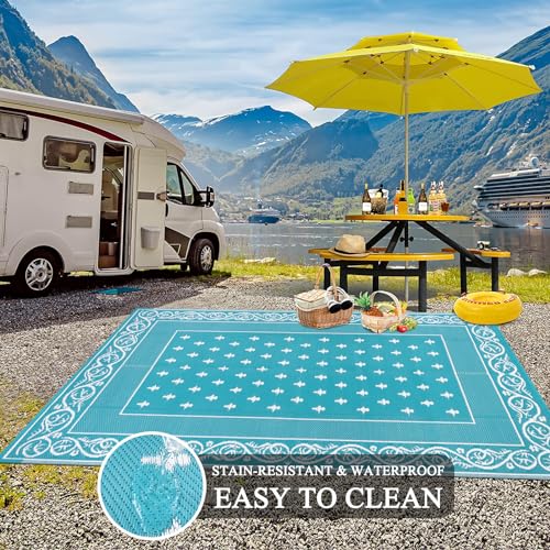 Pauwer Waterproof Outdoor Rug 6x9, Reversible Plastic Straw Patio Camping Rug, Indoor Outdoor RV Mat Carpet for Deck, Camper, Porch, Balcony, Backyard, Picnic, Bordered Teal - color: Bordered Teal, size: 6' x 9' (Rectangular)
