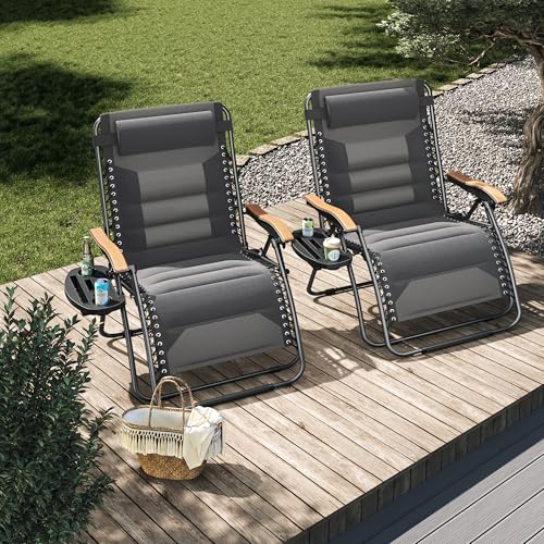 PHI VILLA XXL Oversized Padded Zero Gravity Chair Set of 2, Foldable Patio Recliner, 30" Wide Seat Anti Gravity Lounger with Armrest and Cup Holder, Support 400 LBS (Light Gray) - color: Light Gray, style: 2 Pcs