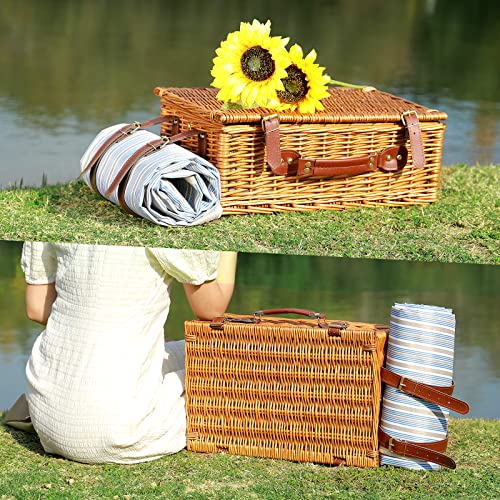 Picnic Basket for 4 Persons with Waterproof Picnic Blanket and Insulated Cooler, Large Wicker Picnic Basket for Camping, Outdoors, Valentine's Day, Christmas, Birthday, Wedding Gift - color: Green Stripes