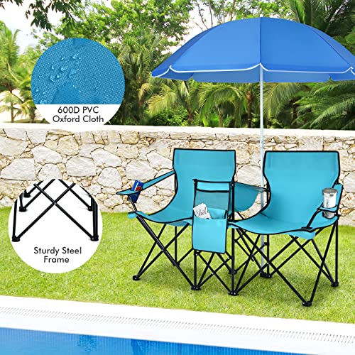 COSTWAY Double Portable Picnic Chairs, Folding Camping Chairs w/Detachable Umbrella, Cooler Bag, Cup Holders, Patio Beach Camping Chairs for Outdoors - color: Turquoise