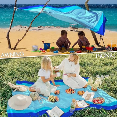 BYDOLL Beach Blanket Waterproof Sandproof Large Sand Free, 78''X81'' Oversized Sandless Lightweight Blanket Picnic Mat for Beach Travel Camping Hiking with Stakes - color: Blue, size: 78"X81"