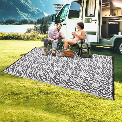 Alfolo Outdoor Rug Waterproof 4x6 Outdoor Mat Small Porch Balcony Rug,Reversible Plastic Straw Rug for Camping Black and White Outdoor Mats for Patio, Deck, RV, Camping, Beach, Backyard - color: Black&gray, size: 4' x 6' (Rectangular)